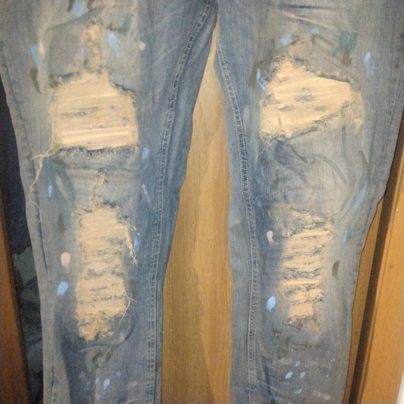 Refinery Republic Distressed Jeans - Pink And Blue Paint Splatter w/ Tan Accents - Picture 10 of 12
